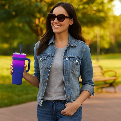 Kubek termiczny ze słomką z uchwytem na kawę herbatę 1200ml fioletowy na Arena.pl