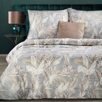 Pościel satynowa NIKA 180x200 jasnoszara brązowa botaniczny ogród