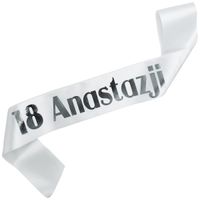 18 + imię - biała szarfa ze srebrnym nadrukiem