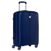 granatowa walizka podróżna w średnim rozmiarze z teleskopowym