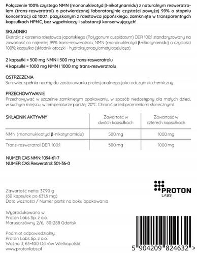 Proton Labs NMN 100% + Resveratrol 99% w kapsułkach RESWERATROL 60 na Arena.pl