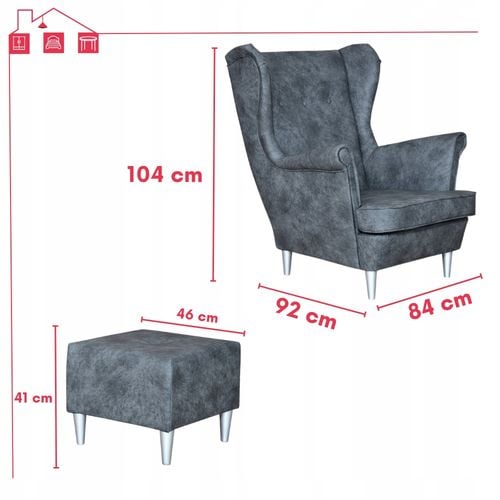 SZARY fotel uszak eko skóra skandynawski z podnóżkiem Ari Family Meble na Arena.pl