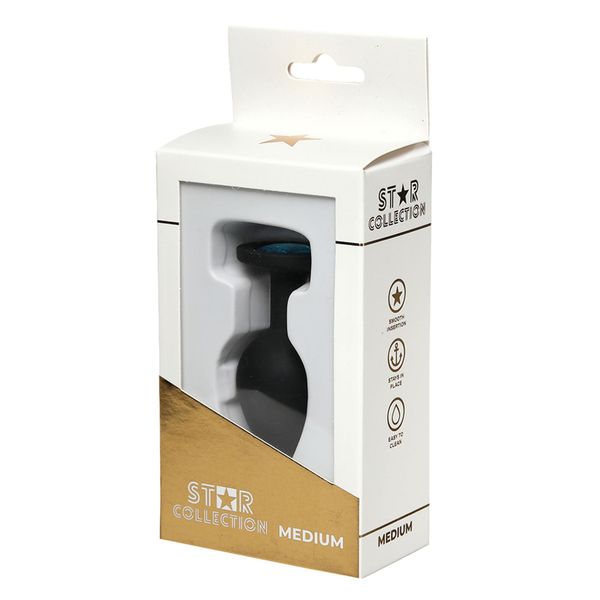 Star Collection - Black Silicone Anal Plug M - Light Blue Stone zdjęcie 1