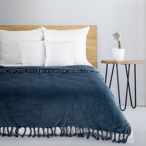 Koc flano z frędzlami EMMA 150X200 granatowy na Arena.pl