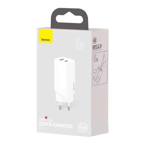 Ładowarka sieciowa Baseus GaN2 Lite, USB + USB-C, 65W, EU (biała) na Arena.pl
