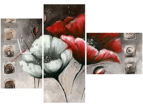 100CM 70CM ZEGAR 3 ELEM MALOWANE MAKI CZERWIENI BRĄZIE ŚCIENNY OBRAZ na Arena.pl