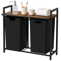 Duży kosz na pranie dwukomorowy z półką czarny brąz regał pojemnik 130L