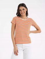 Damska Koszulka T-shirt Bawełniana w Paski Klasyczna POMARAŃCZOWA MORAJ S