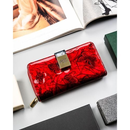 lakierowany, duży portfel-piórnik damski ze skóry naturalnej w czerwonym na Arena.pl