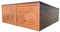 GARAŻ BLASZANY 6m x 5,8m poziom - spad tył - 2x Brama uchylna + drzwi - jasny orzech - drewnopodobny TS294 6x5,8