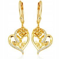 Złote Kolczyki 925 Wiszące Serca Róże Serce Wieczna Róża