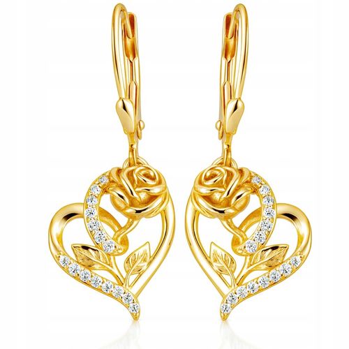 Złote Kolczyki 925 Wiszące Serca Róże Serce Wieczna Róża na Arena.pl