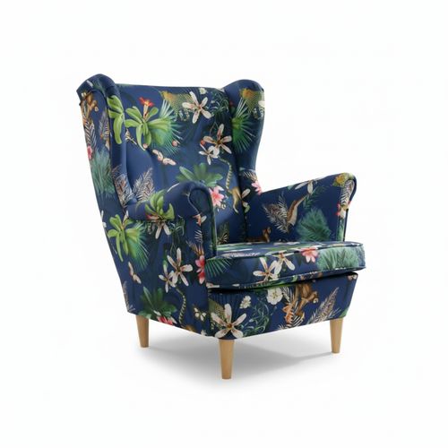 Fotel uszak skandynawski wzorzysty niebieski liście Ari Print Family Meble na Arena.pl