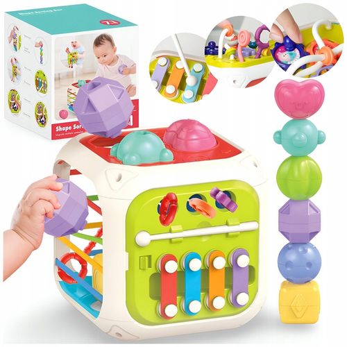 SORTER KLOCKÓW GUMKI ELASTYCZNA MULTI KOSTKA MONTESSORI SENSORYCZNA 7w1 na Arena.pl