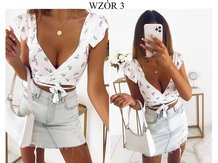 BLUZKA TOP MODNA STYLOWA KWIATY KOPERTOWY DEKOLT WIĄZANIE WZÓR 3 S/M BYSISI zdjęcie 2