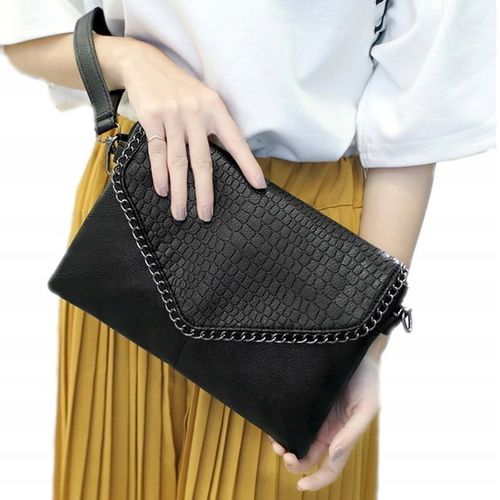 Torebka Damska CZARNA Kopertówka Łańcuch na Ramię Pasek EKO Skóra Krokodyla na Arena.pl