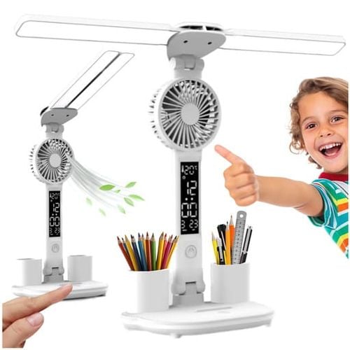 Lampka LED biurkowa z wentylatorem zegarem i wyświetlaczem 7w1 biała na Arena.pl