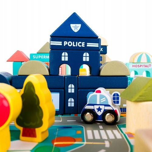 Klocki Miasto Drewniane Auta Zestaw + Puzzle Mata 115 Klocków Edukacyjne na Arena.pl