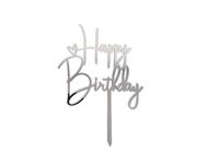 Topper akrylowy na tort, Happy Birthday z serduszkiem, srebrny, 14 cm x10cm