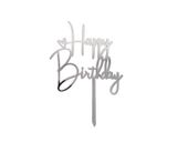 Topper akrylowy na tort, Happy Birthday z serduszkiem, srebrny, 14 cm x10cm