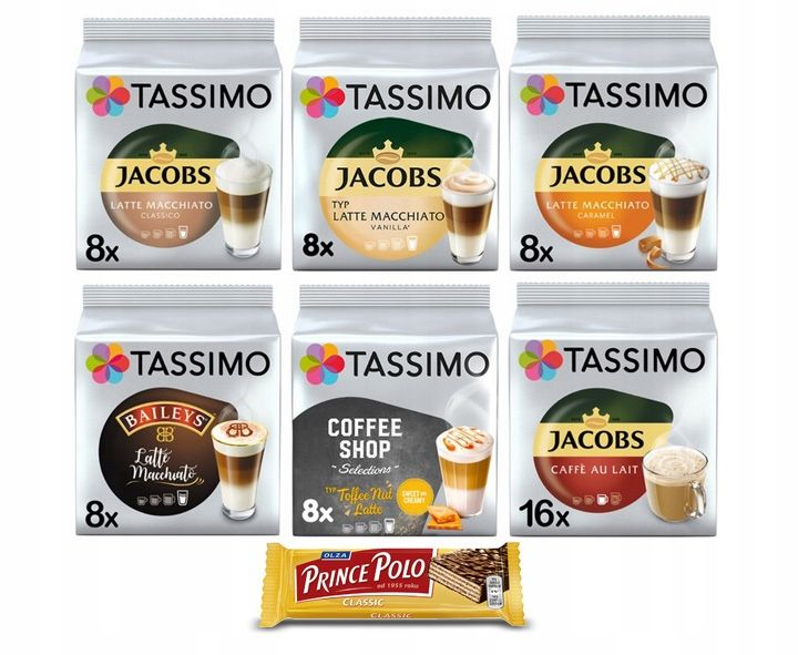 Kapsułki Tassimo zestaw kawy mleczne, 5+1 opakowanie + Prince Polo GRATIS zdjęcie 1