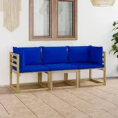 VidaXL 3-os. sofa ogrodowa z niebieskimi poduszkami