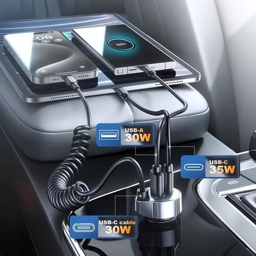 Mocna ładowarka samochodowa POLION USB-A 2xUSB-C 65W QC3.0 PD z przewodem na Arena.pl