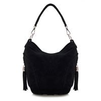 VERA PELLE torebka zamszowa worek z frędzelkami i paskiem V322 czarna
