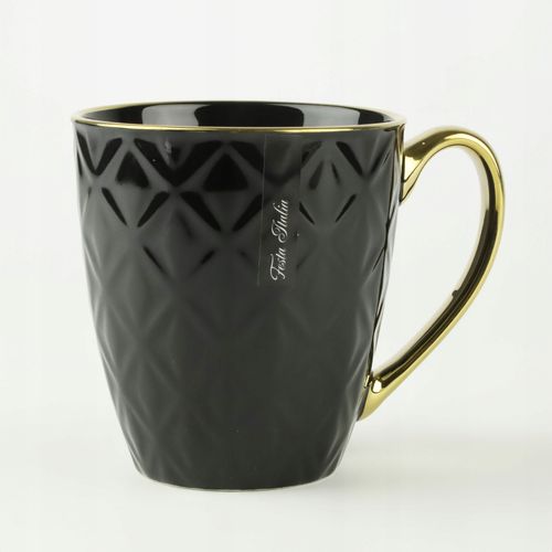 PORCELANOWY KUBEK NA KAWĘ HERBATĘ CZARNY ZDOBIONY ZE ZŁOTYM UCHEM 360ML na Arena.pl