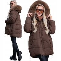 KORI Zimowa Ciepła Luźna KURTKA Damska Pikowana Z Futrem Romby