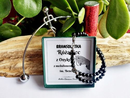 Bransoletka Męska RÓŻANIEC na rękę CAŁY PEŁNY z kamieni ONYKSU św.Benedykt na Arena.pl