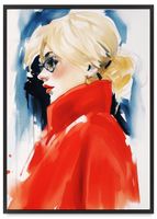 Plakat czerwony płaszcz kobieta 50x70 cm w czarnej ramie