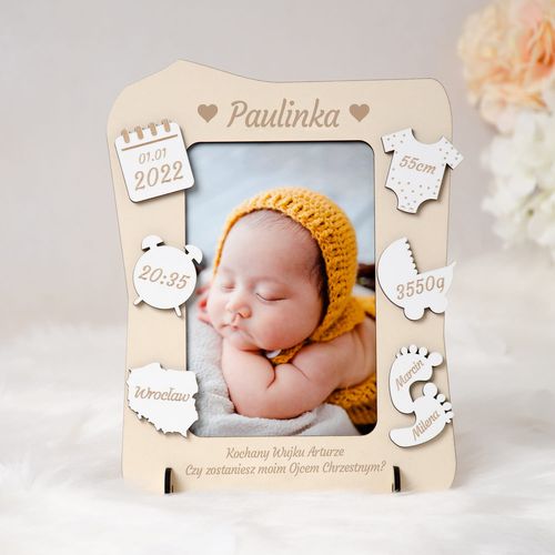 Ramka metryczka prośba o zostanie chrzestnym beżowa z białymi elementami RMS-8 na Arena.pl