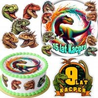 ZESTAW OPŁATEK NA TORT 20CM + 16 POSTACI - DINO DINOZAUR + IMIĘ 15CM 18CM