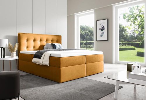 Stylowe łóżko kontynentalne z pojemnikiem na pościel do sypialni FOCUS miodowe 160x200 na Arena.pl