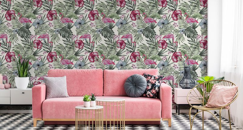 Tapeta w Rolce Tropikalna Ptaki Flamingi Liście i Kwiaty zdjęcie 2