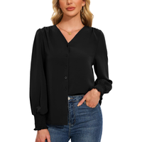 Damska Bluzka Koszula z Długim Rękawem Elegancka V-Neck Casual Czarna S