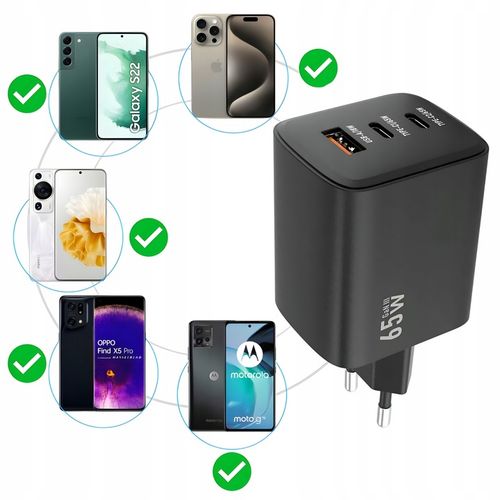 ŁADOWARKA SIECIOWA SZYBKA 65W GaN USB 2x USB-C PD QC 4.0 MOCNA UNIWERSALNA na Arena.pl