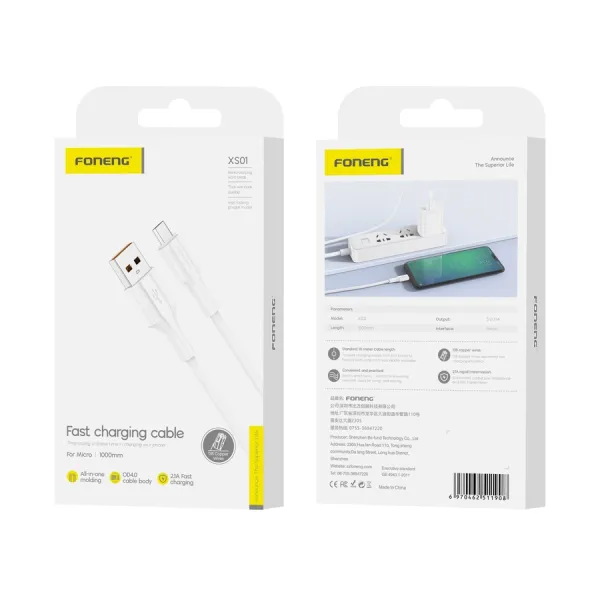 foneng kabel xs01 micro usb 2.1a 1m biały zdjęcie 1