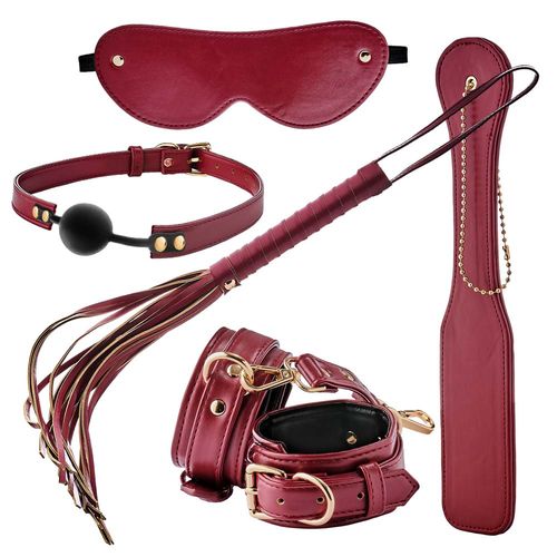 zestaw gadżetów bdsm z czerwonej ekoskóry, 5 elementów. na Arena.pl
