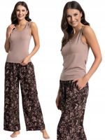 Damska Piżama Na Ramkach Kwiatowe Spodnie Brązowa Bawełna Wiskoza MORAJ XXL
