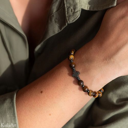 BRANSOLETKA Z KRZYŻEM RÓŻANIEC MĘSKA ŚW. BENEDYKT TYGRYSIE OKO HEMATYT na Arena.pl