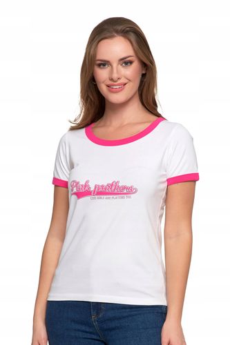 T-shirt Koszulka Damska Bawełna Slim Fit z Napisami Biło-Różowy MORAJ - XXL na Arena.pl
