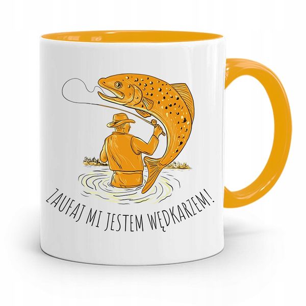 Kubek Żółty Wędkarza Zaufaj Mi Jestem Wędkarzem Z Nadrukiem Ze Zdjęciem zdjęcie 1