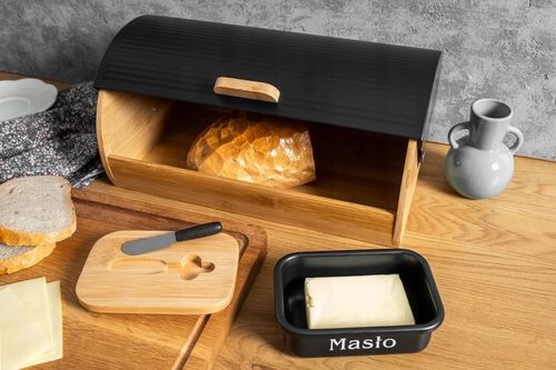 MASELNICZKA POJEMNIK METALOWY Z POKRYWKĄ NA MASŁO Z NOŻEM BAMBUS na Arena.pl