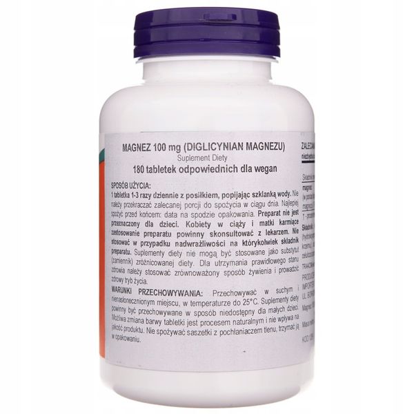 NOW Magnez Glicynate 100 mg Diglicynian Glicynian Magnezu Skurcze 180 tab zdjęcie 2