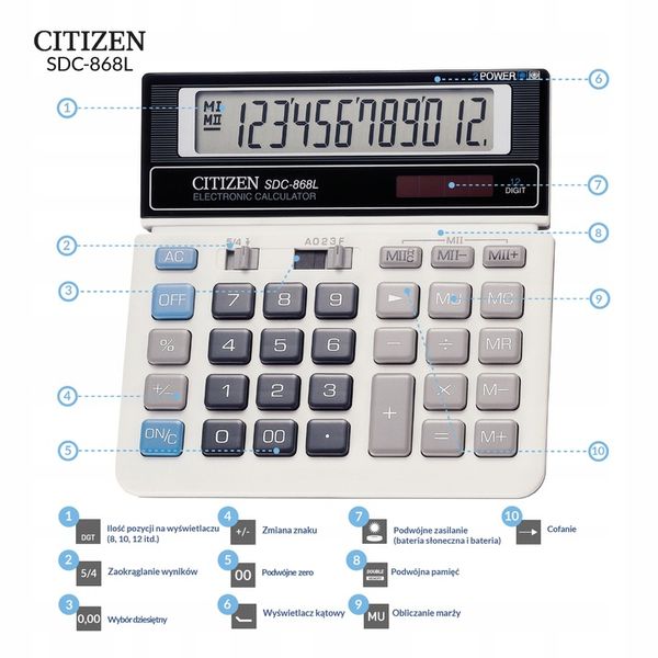 Kalkulator biurowy CITIZEN SDC-868L 12-cyfrowy zdjęcie 3