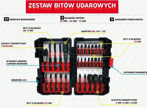 Zestaw utwardzanych bitów udarowych do wkrętarek 1/4 31el. AKU TOOLS na Arena.pl
