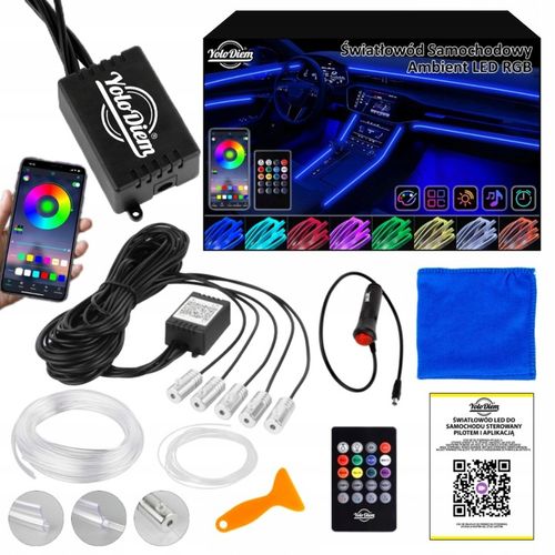 Światłowód do Samochodu Oświetlenie Ambient LED RGB 7m APKA+PILOT ZESTAW XL na Arena.pl