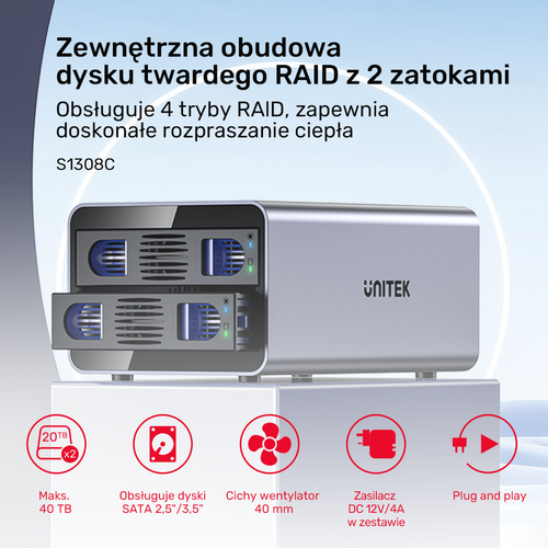 Unitek Obudowa RAID do dysku SATA 2.5''/3.5'' 4 tryby 40TB USB C 10Gb/s na Arena.pl